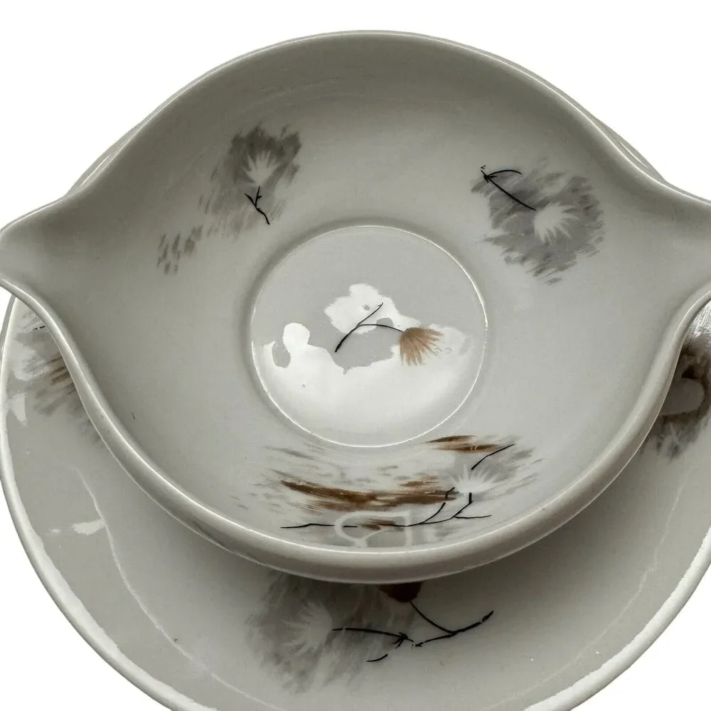 Vintage Raynaud & Co Limoges Gravy Boat with Attached Plate Pattern Windblown